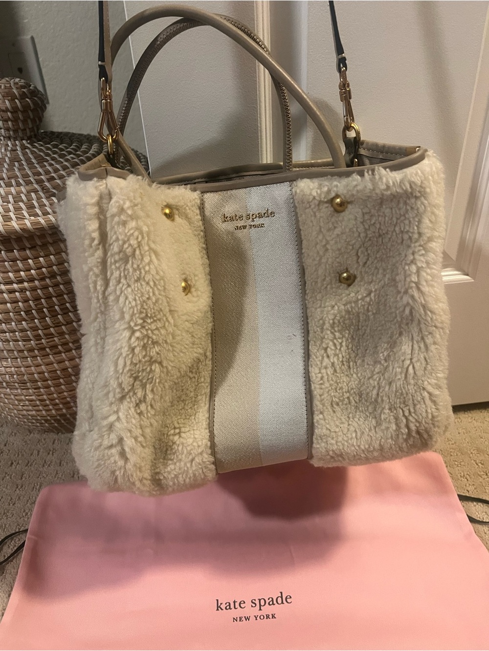 kate spade Cream Sherpa & Canvas Tote with Gold Hardware